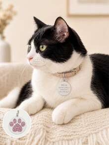 Etiqueta personalizada para mascotas, etiqueta redonda personalizada para mascotas con huella de pata de strass brillante, diseño de doble cara, la parte delantera con una exquisita huella de pata de strass con apariencia destacada, la parte trasera se puede grabar con láser con el nombre de la mascota, dirección, número de teléfono de contacto, material de acero inoxidable resistente al desgaste y sin decoloración, adecuado para gatos y perros, prevención efectiva de la pérdida de mascotas mientras añade decoración - Multicolor - Ver 3