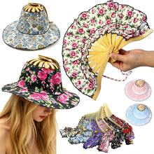 Topi Matahari Lipat 2-in-1 dengan Kipas Genggam, Topi Matahari Portabel dengan Tali Pengikat Terintegrasi, Topi Matahari Anyaman Bambu Motif Bunga untuk Wanita - Topi Kipas Lipat 2-in-1 - View 2