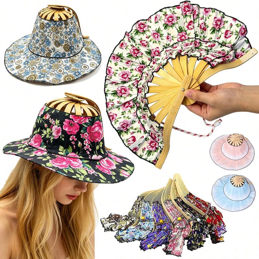 Topi Matahari Lipat 2-in-1 dengan Kipas Genggam, Topi Matahari Portabel dengan Tali Pengikat Terintegrasi, Topi Matahari Anyaman Bambu Motif Bunga untuk Wanita