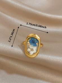 Juego de Anillos Ovalados con Flores Secas Serie Azul, Anillo de Acero Inoxidable Dorado para Mujer, Joyería para Uso Diario, Fiesta, Vacaciones, Cumpleaños y Viajes - Multicolor - Ver 8