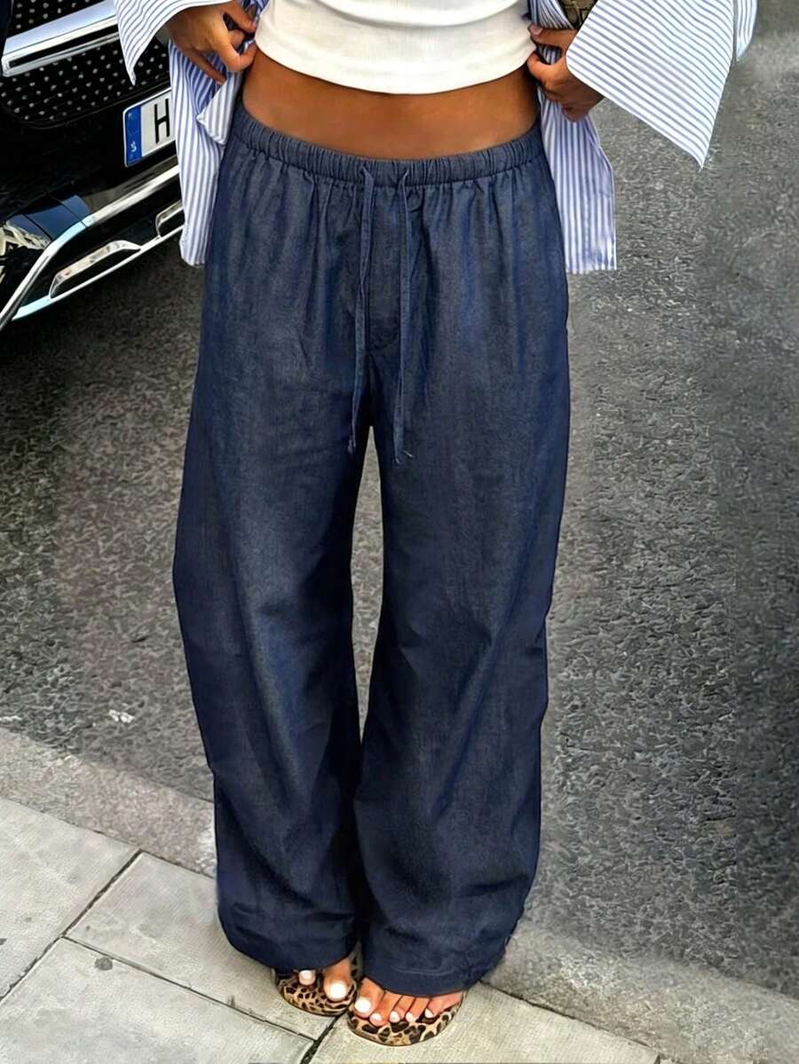Summer Dark Blue Wide Leg Pants Elastic Waist Drawstring Loose Draped Lightweight Breathable High Waisted - Deep Blue - View 1