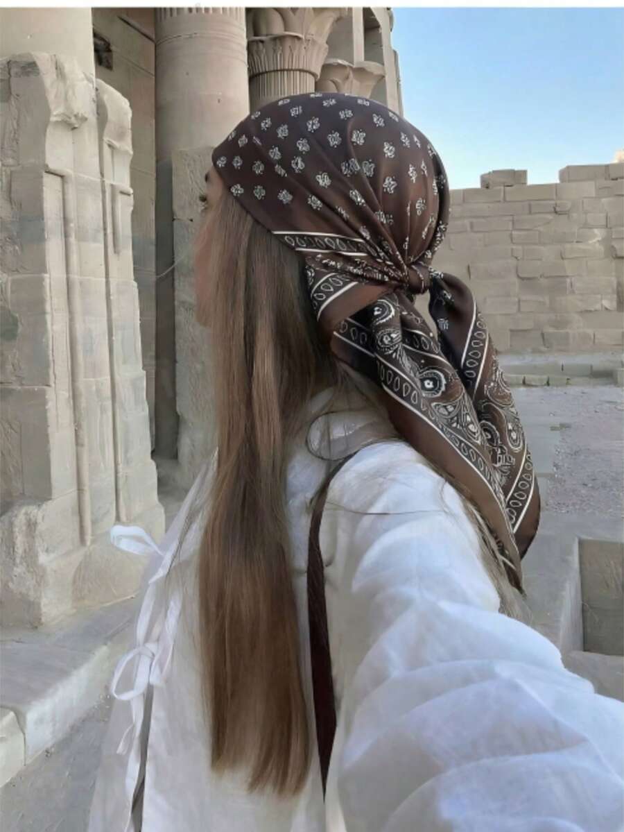 1件波希米亞風花卉印花女款頭巾,柔軟舒適多功能圍巾,休閒防曬沙灘披肩,可用作領巾、髮飾、腰帶與包裝裝飾,適合春夏日常穿搭,夏季髮帶沙灘頭巾 - 巧克力棕 - 查看 1