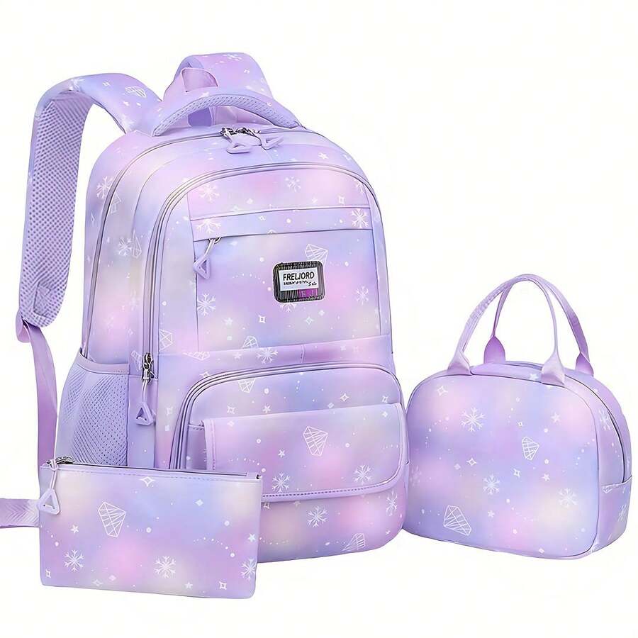 Girls Backpack With Lunch Box, Suitable For Middle School And Elementary School, Student Backpack With Lunch Bag Set, Tie-Dye Snowflake. Backpack, Casual, Unique - Purple - View 1