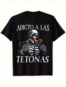 Schwarzes T-Shirt mit Skelettmotiv und spanischem Text. Bequem, ideal für Sport und Freizeit. - Schwarz - Übersicht 1