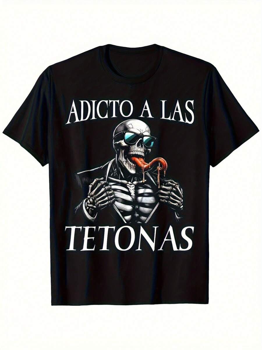 Schwarzes T-Shirt mit Skelettmotiv und spanischem Text. Bequem, ideal für Sport und Freizeit. - Schwarz - Übersicht 1
