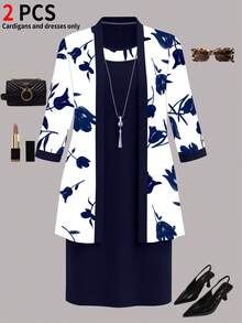 秋冬大尺碼女款兩件套，極簡優雅百搭印花開襟外套 + 中長細肩帶綁腰夏季裙 - 多色5 - 查看 2