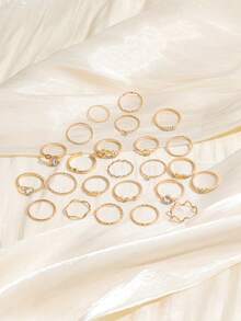 25PCS INS Style Rhinestone Heart Twisted Asymmetrical Thin Ring Set, Heart Rhinestone Braided Wave Rings For Women - Gold - View 2