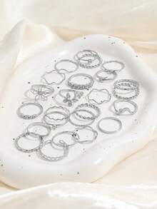 24PCS Minimalist Small Silver Tone Ring Set, Fashion Rhinestone Butterfly & Flower Stackable Rings, Ins Style Multi- Layered Ring Set For Women - Silver - View 5