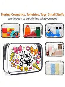 Bolsa de maquillaje de viaje con lazo, incluye peine para el cabello y bolsa de maquillaje transparente con estampado floral y cremallera, bolsa organizadora de maquillaje portátil linda y colorida, decorada con detalles de corazón y estrella, diseñada para entusiastas de la belleza para viajes y almacenamiento diario de artículos de tocador y accesorios para el cabello, adecuada para viajes, picnic, fiesta, cita, playa, verano, regreso a la escuela, dormitorio, Día del Maestro, regalo del Día de la Madre - Multicolor - Ver 5