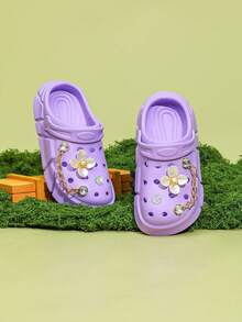 HOEASE Zuecos para niñas, zapatos de jardín, sandalias cómodas y ligeras con diseño calado, diseño floral para primavera y verano - Morado - Ver 3