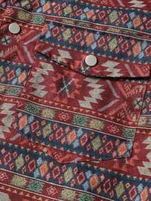 American Retro Geometric Totem Print Button Long Sleeve Pocket Lapel Jacket - Burgundy - View 5