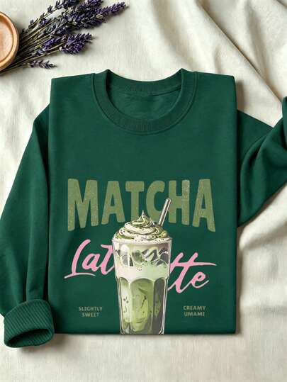 Matcha Design Print Pattern Round Neck Plus Size Women's Casual Autumn/Winter Long Sleeve Crew Neck Sweatshirt, Suitable For Winter Holiday Outfits, Beach Outfits, Vacation Outfits, Autumn Outfits, Halloween Outfits, Christmas Outfits, New Year Outfits, Suitable For Daily Wear, Outing Tops, Outings, Holidays, Beach, Parties, Birthdays, Beach, Gatherings, Vacations, Commuting, Fitness, Weddings, New Year, Fashionable, Winter Tops, Women's Autumn Outfits, Women's Holiday Clothing