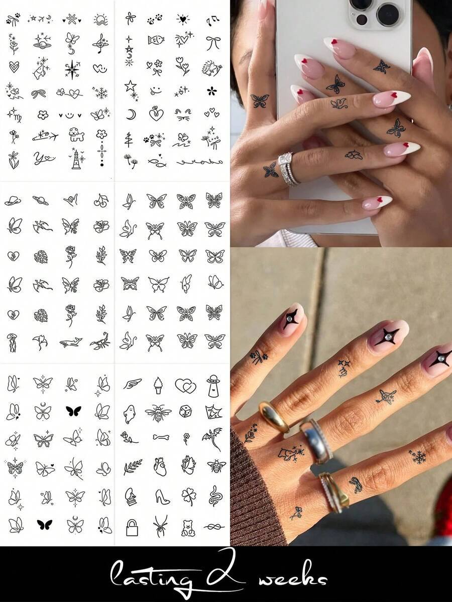 4入草本果汁半永久紋身貼,清新細緻小尺寸,1-2週不褪色,無反光,適用手腕、腳踝、肩膀、頸部、鎖骨,防水逼真紋身貼,1入/包 - 藍色 - 查看 1