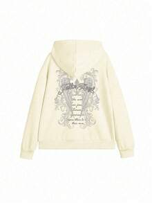 Women's Hooded Sweatshirt, Autumn/Winter New Wing Pattern & Letter Print, Drawstring Design, With Pockets, Casual Versatile Loose Top, Fashionable Daily Wear - Light Apricot - View 3