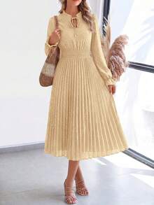 PRETTYGARDEN Women's Spring Fall Midi Dress Casual Long Sleeve V Neck Swiss Dot Pleated A Line Flowy Dresses New Years Party Valentine Vacation Dresses For Women - 杏色 - 查看 1