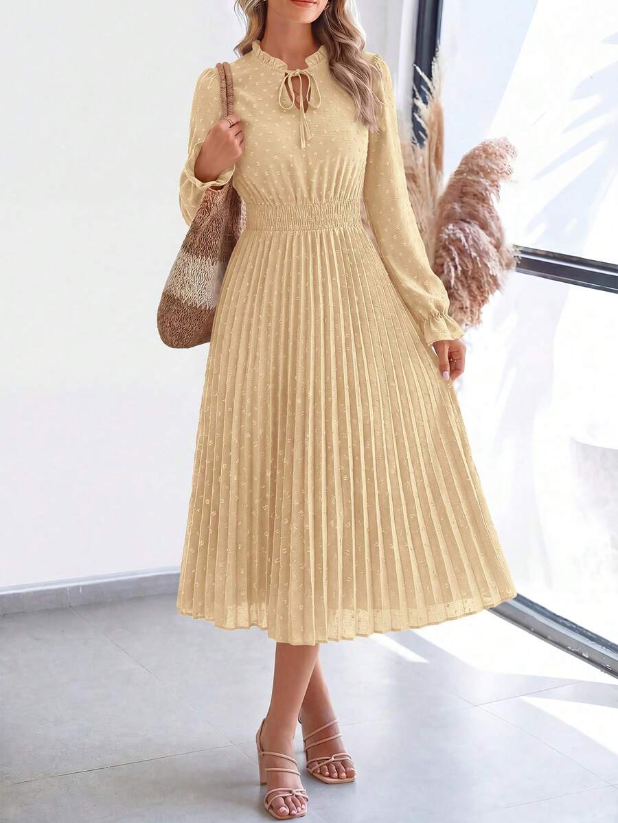 PRETTYGARDEN Women's Spring Fall Midi Dress Casual Long Sleeve V Neck Swiss Dot Pleated A Line Flowy Dresses New Years Party Valentine Vacation Dresses For Women - 杏色 - 查看 1