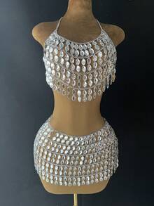 DEKUNER 2pcs Luxury Sparkle Rhinestone Body Chain Set, Handmade Crystal Halter Crop Top + Mini Skirt Set Harness Outfit For Party & Beach - White - View 4