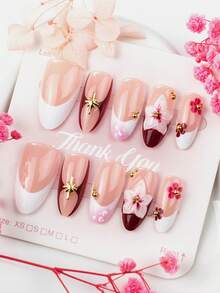 10PCS Almond Shaped Brown Gradient 3D Flower French Fake Nails, Suitable For Girls Summer Vacation, Daily Wear, Outings, Holiday Parties, Birthday Gatherings And Other Occasions, Removable And Reusable - Multicolor - View 1