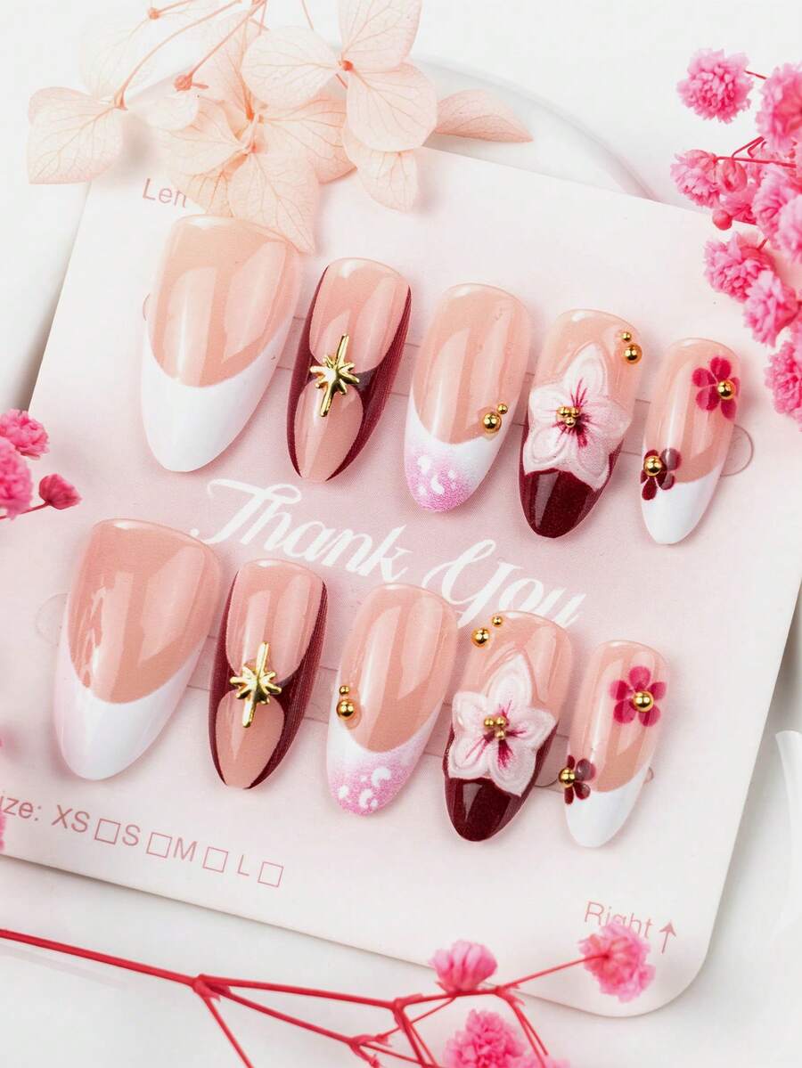 10PCS Almond Shaped Brown Gradient 3D Flower French Fake Nails, Suitable For Girls Summer Vacation, Daily Wear, Outings, Holiday Parties, Birthday Gatherings And Other Occasions, Removable And Reusable - Multicolor - View 1