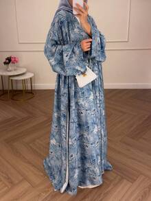 Women's Blue Floral Pattern Long Loose Batwing Sleeve Knitted Islamic Abaya Fall - View 4