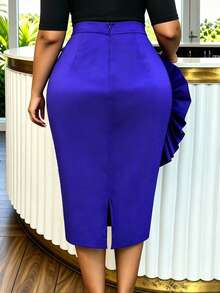 AOMEI Women's Elegant Noble Royal Blue High Waist Bodycon Skirt, 3D Flower Sequin Decoration, Dignified Formal Office Party Commute Women's Skirt - Blue - View 3