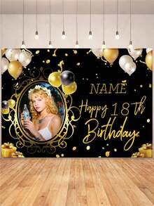 1pc Customizable Photo, Name, Year Black & Gold Balloon "Happy Birthday" Backdrop, Gold Gift Box, Personalized Design, Birthday, Bride, Gift Giving, Scene Decor, Vinyl Graphic Print Photography Prop,Party Top, Personalized Birthday - Multicolor - View 2