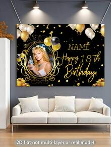 1pc Customizable Photo, Name, Year Black & Gold Balloon "Happy Birthday" Backdrop, Gold Gift Box, Personalized Design, Birthday, Bride, Gift Giving, Scene Decor, Vinyl Graphic Print Photography Prop,Party Top, Personalized Birthday - Multicolor - View 3
