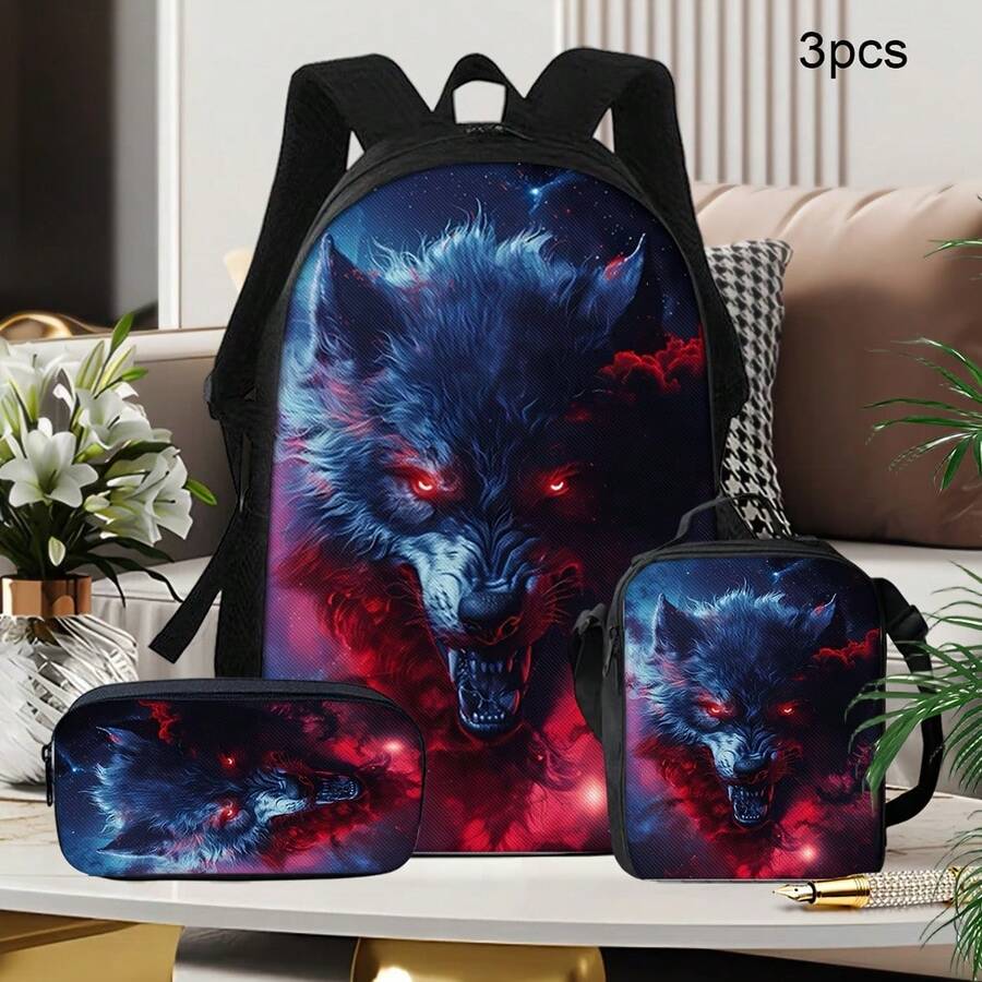 Questo set da tre pezzi include una collezione di zaini con stampa di lupo nebulosa, composta da uno zaino spazioso, una borsa a spalla e un astuccio. Realizzato in poliestere. - nero - Visualizzare 1