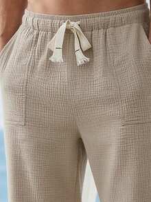 Mercer Haus Men's Straight Leg Casual Loose Fit Versatile Drawstring Pure Cotton Pants - Khaki - View 6