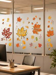 Autumn Maple Leaf Window Decals, Hand-Painted Thanksgiving Window Stickers With Pumpkin, Acorn And "Happy Autumn" Text, Reusable Static Cling Autumn Window Decals, Suitable For Thanksgiving Harvest Home And Kitchen Decor - Multicolor - View 4