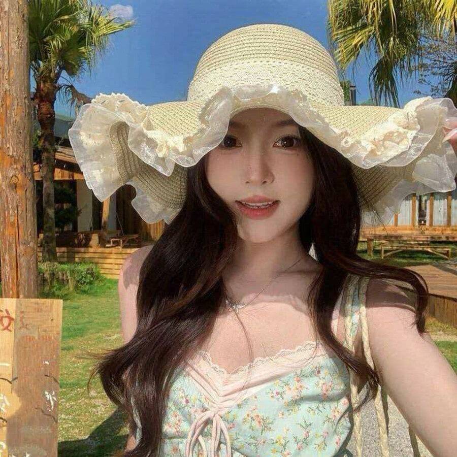 1件女款夏季蕾絲蝴蝶結草帽，優雅甜美風，寬邊防曬帽，適合海邊度假，夏季防曬帽、草帽，單件女款時尚草帽，中性款素色帽，戶外旅行用品，彩虹條紋草編水桶帽，夏季透氣顯臉小防曬帽，海灘時尚草帽禮物，適合日常穿搭