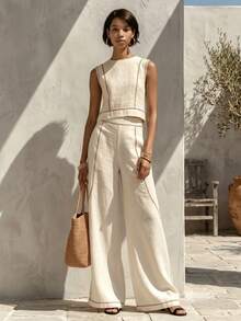 Women's Modest Boho Two-Piece Outfit Sleeveless Round Neck Cropped Blouse  Long Wide Leg Pants With Contrast Piping In Woven Fabric For Spring Outings - 香檳色 - 查看 3