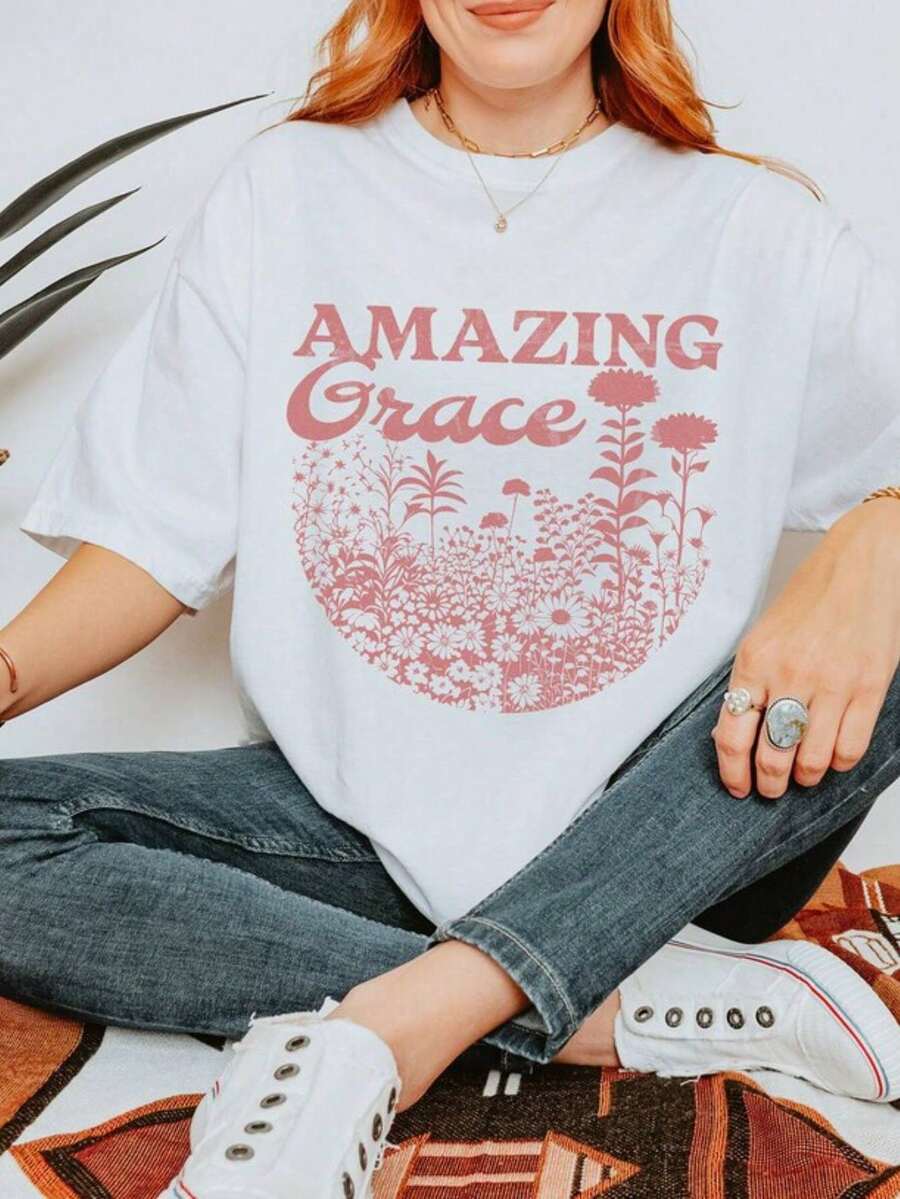 Amazing Grace How Sweet The Sound | Faith, Floral, Christian, Music, Song,100% Cotton Womens Oversized Printed Graphic T-Shirts - 白色003 - 查看 1
