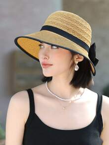 1pc Women's Summer Cute Sweet Solid Color Bow Decor Elegant Outdoor Sun Hat, Summer Hot-Selling New Versatile Easy-To-Care-For Face-Slimming Elegant Elegant Outdoor Beach Sun Hat, Comfortable Casual Suitable For Outings, Gatherings, Shopping, Travel, Vacation And Other Occasions - Multicolor - View 2