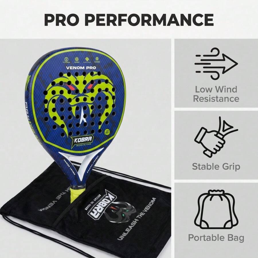 Padel 拍球拍 - KOBRA Pro 碳纖維,360g 輕量化,EVA 泡沫核心,低風阻設計,防滑手柄,附抽繩攜帶袋 - 彩色 - 查看 1