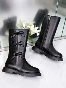 1 Pasang Sepatu Bot Tinggi Anak Perempuan, Dekorasi Pita PU, Ujung Bulat, Sol Tebal, Menambah Tinggi Badan, Desain Resleting Dalam, Gaya Putri yang Modis dan Imut, Cocok untuk Pemakaian Sehari-hari, Sekolah, Liburan, Ulang Tahun, Musim Gugur/Musim Dingin. - Hitam - View 4