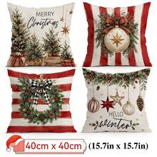 4 Stücke Set Vintage rote Weihnachtsmuster Kissenbezüge ohne Füllung, einseitig bedruckte Kissenbezüge, geeignet für Wohnzimmer, Schlafzimmer, Heimdekoration, ganzjährig verwendbar - Verschiedenfarbig - Übersicht 13