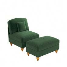 Comoda poltrona lounge classica in ciniglia con grembiule arricciato removibile, gambe affusolate e poggiapiedi mobile - Divano morbido e profondo per il soggiorno, bianco. - Verde - Visualizzare 1