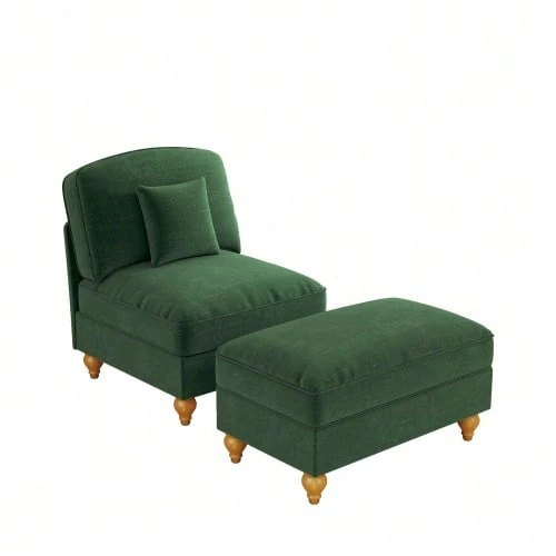 Comoda poltrona lounge classica in ciniglia con grembiule arricciato removibile, gambe affusolate e poggiapiedi mobile - Divano morbido e profondo per il soggiorno, bianco. - Verde - Visualizzare 1