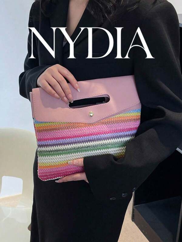 1pc Pink Rainbow Striped Hollow Woven PU Flap Handheld Snap Closure Envelope Clutch Bag, Vacation Casual Women's Handbag