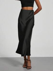 High Waist Solid Color Plus Size Women's Long Skirt With Zipper, Suitable For Office, Evening Date, Holiday, Vacation, Single Party Black - Black - View 2
