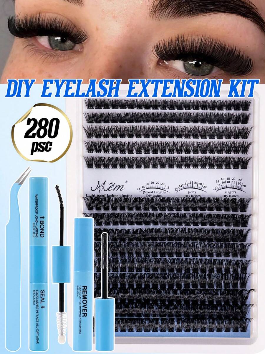 280Pcs D Curl Manga Lash Clusters Kit, Mixed 8-18mm Length, Thick Fluffy Natural Look, Reusable Easy DIY Daily Lashes, Beginner Friendly Complete Set With Lash Glue, Remover & Tweezers