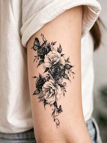 Temporary Tattoo Stickers For Women, Waterproof Floral Rose & Butterfly Thigh Body Art, Long-Lasting, Adjustable Fashionable Temporary Tattoo For Party, Beach, Cosplay, Or Daily Wear - Black - View 5