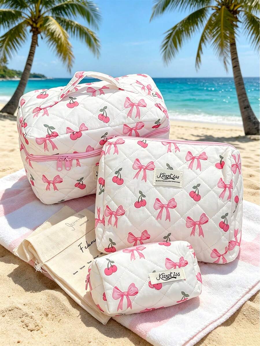 1 pieza/Set Bolsa de cosméticos acolchada con estampado lindo de cereza & lazo, almacenamiento para artículos de tocador, bolsa multiusos para maquillaje & artículos sanitarios para niñas, uso de viaje & diario - Multicolor - Ver 1