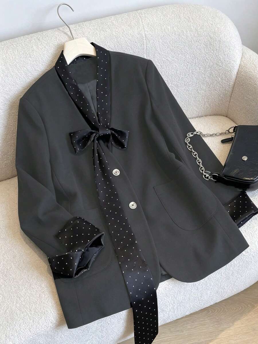 Black Polka Dot Blazer, V-Neck With Satin Detail And Large Pockets, Suitable For Work, Party And World Cup Occasions, Women's Versatile Commuter Fashion Jacket