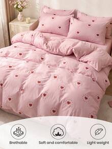 Juego de ropa de cama de 2/3 piezas, estampado de corazones rosas, juego de funda nórdica, decoración acogedora para la habitación, agradable al tacto y transpirable, suave y anti-pilling, funda nórdica y funda de almohada, relleno de edredón no incluido, adecuado para cama doble/full/queen/king, todas las estaciones, textiles para el hogar, lavable a máquina, certificado OEKO-TEX - Multicolor - Ver 4
