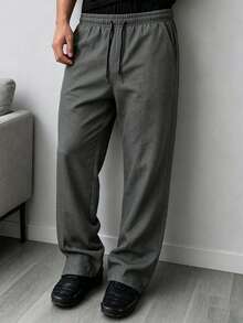 Men's Linen Blend Sports Pants, Elastic Waist Drawstring Straight Leg Long Pants, Breathable Lightweight Running Fitness Training Pants - Dark Grey - View 4