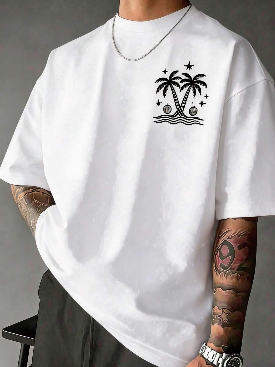 Men's Short-Sleeved T-Shirt With Round Neck, Palm Tree Print, Casual Style. - 白色 - 查看 1