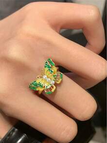 1pc Exquisite Butterfly Fan-Shaped Fashion Cute Style Copper Zirconia Multicolor Women's Open Ring, Suitable For Party, Gathering And Daily Outfit Accessory - Multicolor - View 5