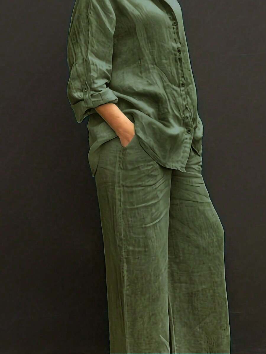 Slim-Fit Polo Collar Casual Cardigan, Versatile Solid-Color Stylish Shirt For The Beach, Everyday Wear, Work, Soft And Comfortable Fabric; Loose-Fitting Elastic-Waist Pants - 綠色 - 查看 1